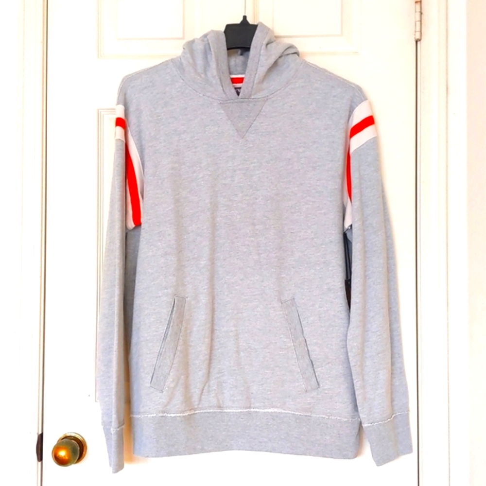 NWT. Men's Hoodie sweatshirt with pockets and multi color trim design.